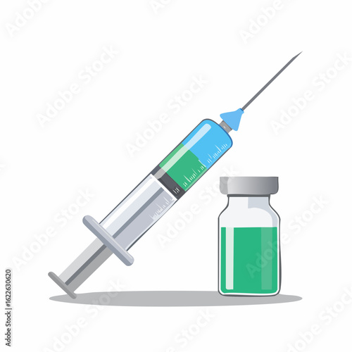 Medical Injection: A close-up illustration of a medical syringe with a needle, filled with a vibrant colored solution, alongside a vial. Illustrative depiction of health and wellness.