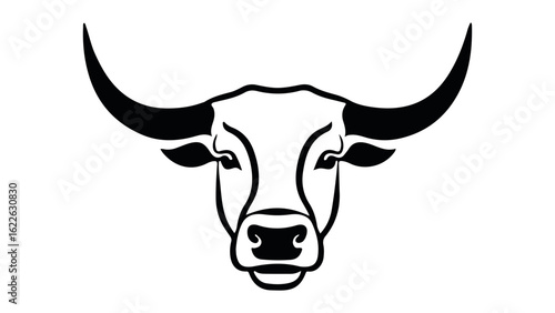 simple cow head line art black and white illustration with cute horns and ears