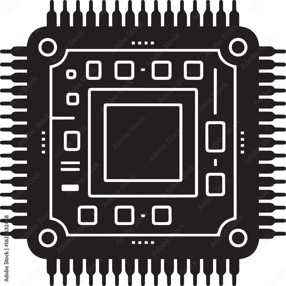 Monochrome graphic of a square microprocessor chip with detailed circuitry and peripheral pins Monochrome graphic of a square microprocessor chip with detailed circuitry and peripheral pins