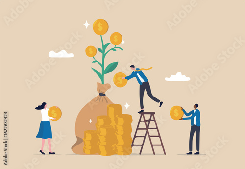 Mutual fund, investment growth or wealth management, financial profit or earning from stock market, savings and growing money concept, people put money on mutual fund with money growing sprout.