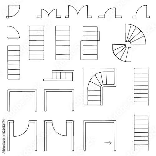 Doors, stairs for floor plan top view. Architectural elements set for apartment scheme. vector silhouette
