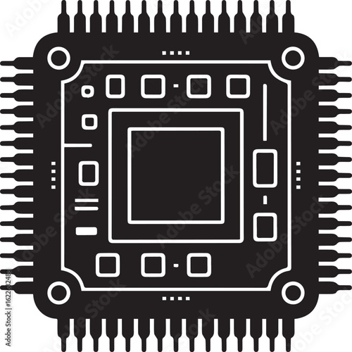 Monochrome graphic of a square microprocessor chip with detailed circuitry and peripheral pins