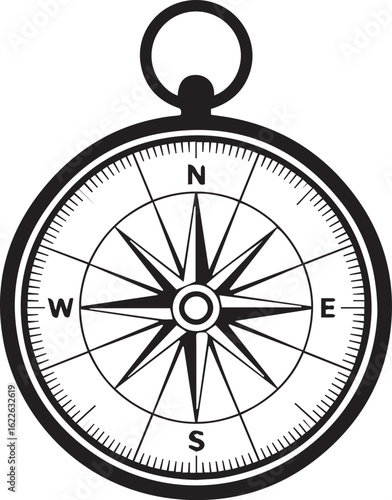 Free Download Classic black and white pocket compass illustration with a detailed windrose and cardinal points - GFXLoad