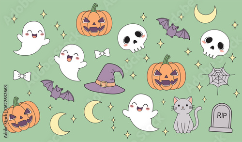 Halloween themed pattern with ghosts pumpkins bats skulls and other spooky elements on green background