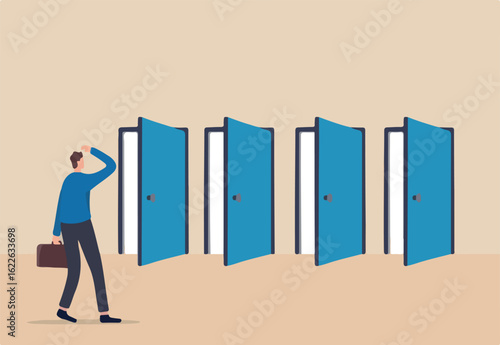 Choosing choices, make decision for career opportunity, alternative pathway, decide for new job or select important chance, right or wrong decision concept, businessman think to choose the right door.
