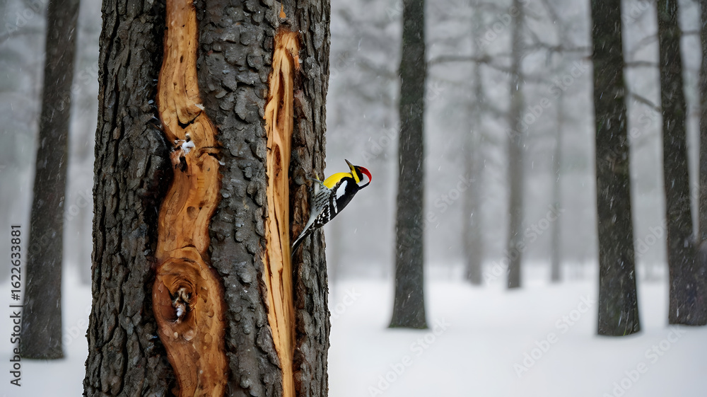 Fototapeta premium Yellow-billed Sapsucker During Light Snowfall