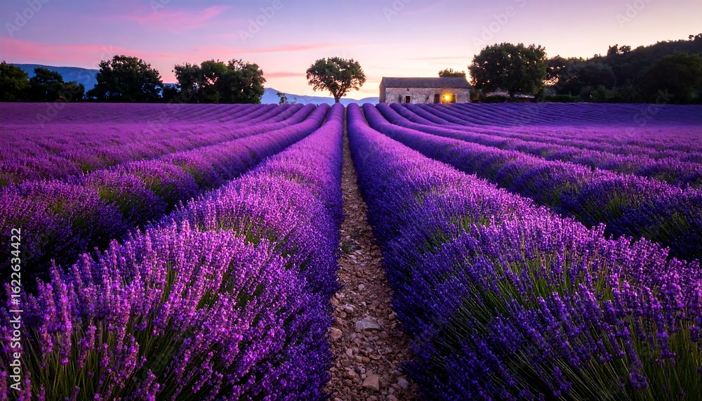 Fototapeta premium Lavender field at sunset with house.