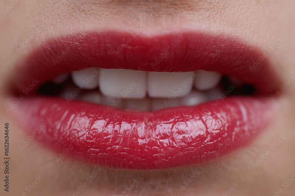 Obraz premium Red glossy lips close-up view, Female mouth with lipstick detail, Beauty shot useful in makeup ads