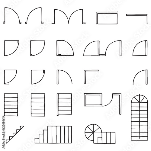 Doors, stairs for floor plan top view. Architectural elements set for apartment scheme. vector silhouette
