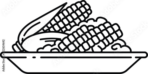 Corn Feast on a Plate: A simple yet captivating black and white illustration of two fresh ears of corn on a plate, offering a taste of nature's bounty.