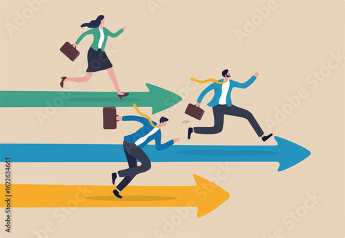 Business competition, contest or rivalry against competitors to increase sales for victory, performance compare to other employees concept, businessman and woman compete running on arrow racetrack.