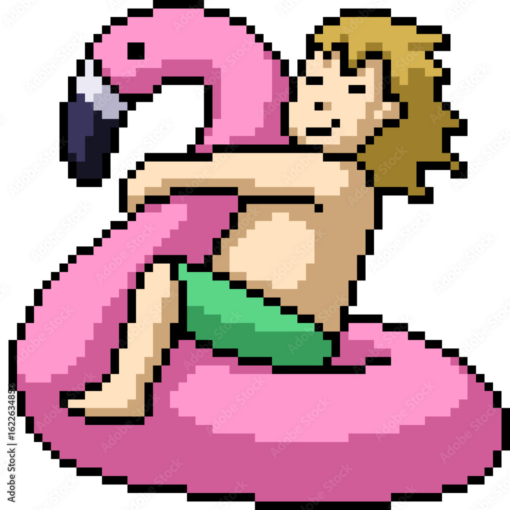 Obraz premium pixel art of boy play with flamingo lifebuoy