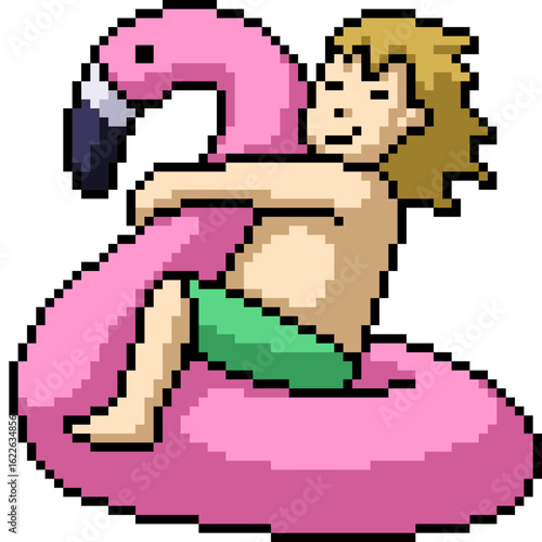 pixel art of boy play with flamingo lifebuoy