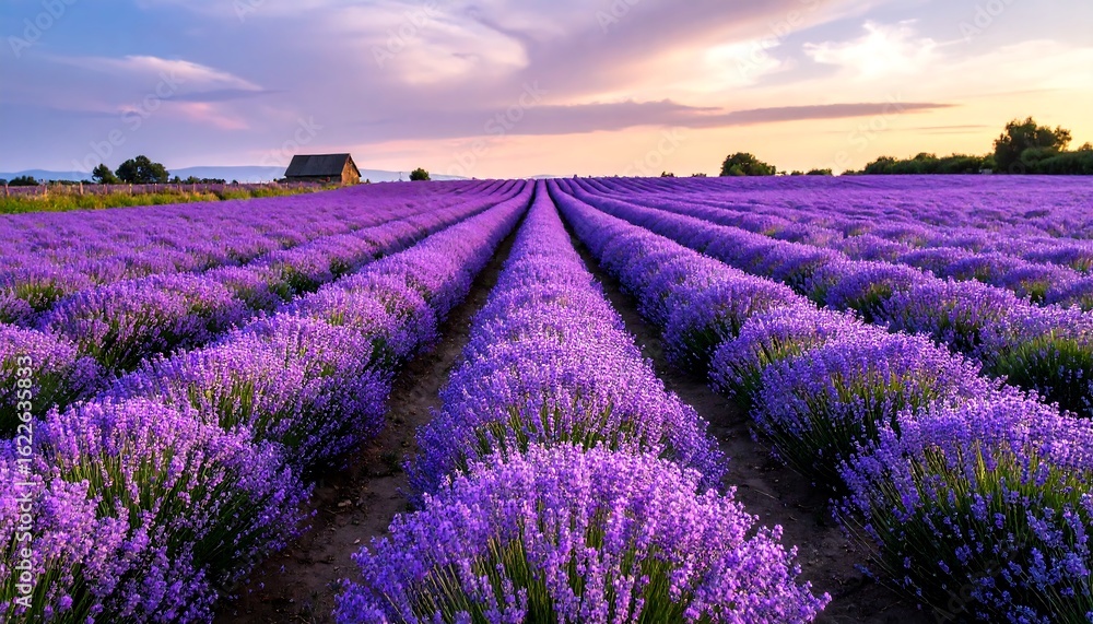 Fototapeta premium Lavender field under sunset sky.