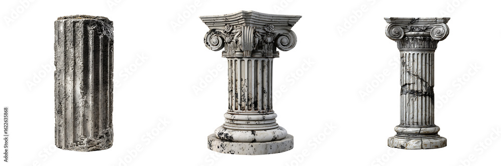 Obraz premium Set of ancient architectural stone columns with textured details, isolated on a transparent background.