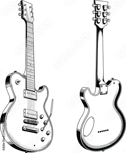 Electric guitar illustration, front view, back view, detailed design, musical instrument, classic hardware, frets, strings, tuning pegs, pickups