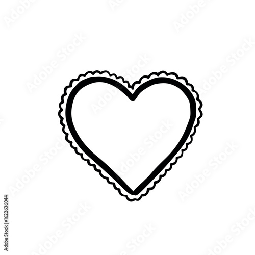 Heart icon with scalloped edge surround. Black and white illustration.