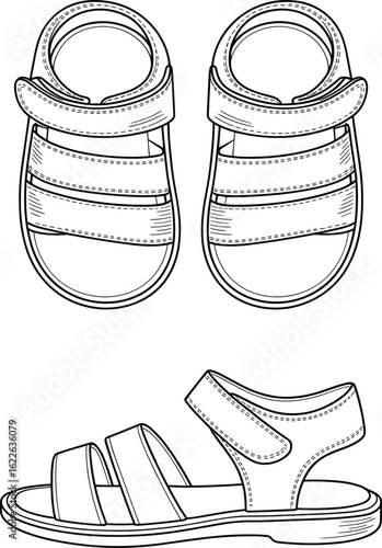 Stylish sandals technical sketch, top and side views, fashion footwear design, summer shoe illustration, detailed line art, vector drawing