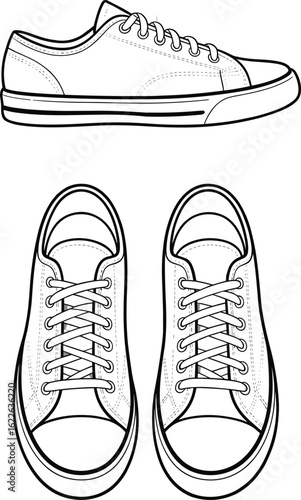 Casual sneakers technical sketch, top and side views, fashion footwear blueprint, line art drawing, sneaker design, editable vector illustration