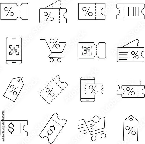  Discount and coupon line icon set. Price discount tag icons. Sale, coupon, shop, offer, promotion, price tag, deal. Editable stroke. Vector illustration
