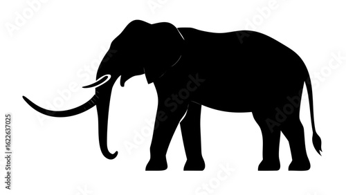 A silhouette of an african elephant standing with its long tusks visible against a white background