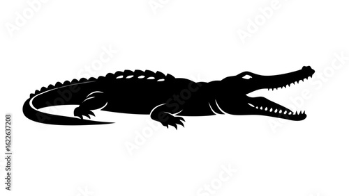 Silhouette of an alligator with its mouth open showing sharp teeth and a long tail on a white background