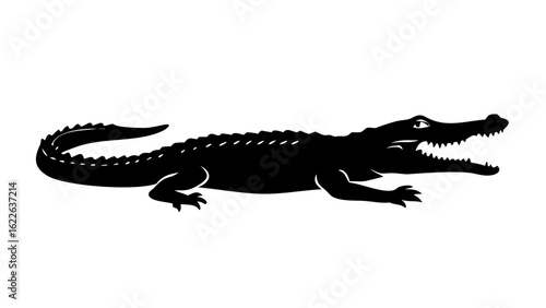 Silhouette of an alligator with its mouth open showing its teeth and scales on a white background
