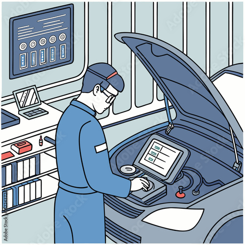 Car Engine Diagnostic Testing – Vector Illustration of Automotive Technology Adobe Illustrator Artwork