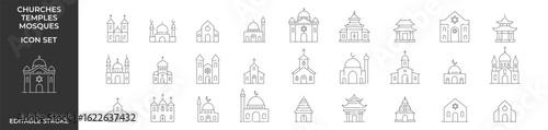 Religious building icon set. Church. Mosque. Temple. Editable stroke. Vector illustration