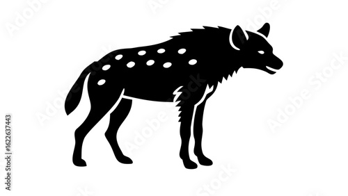 Silhouette illustration of a spotted hyena standing with a white background in full profile view showing body