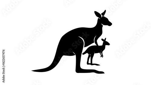 Silhouette of a kangaroo with a joey in its pouch standing on a white background in a simple design