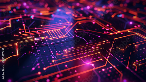 Futuristic Glowing Circuit Grid Background with Digital Tech Interface