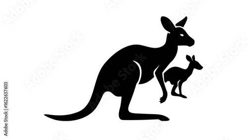 Silhouette illustration of a kangaroo with a joey standing next to its mother on a white background