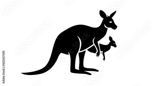 Silhouette of a kangaroo with a joey in its pouch standing on a white background in a vector image