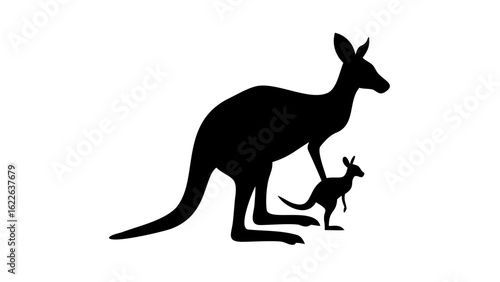 Silhouette of a kangaroo with a joey in its pouch standing on a white background in a simple design