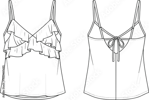 Women's ruffle cami top with layered front frills, bow tie back straps, fashionable sleeveless design, elegant summer wear, detailed flat sketch illustration