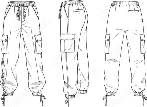 Cargo pants technical flat sketch, drawstring waist and cuffs, side flap pockets design, utility streetwear trousers, front side back view illustration
