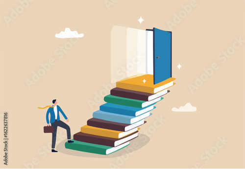 Education or learning for new opportunity, wisdom or knowledge to open door to success, solution, growth or career learning concept, businessman climb up book stack stair to reach opportunity door.