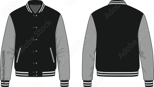 Black varsity jacket front and back view, stylish bomber design, modern college fashion, grey sleeves, classic streetwear, high school uniform style, isolated illustration, mockup