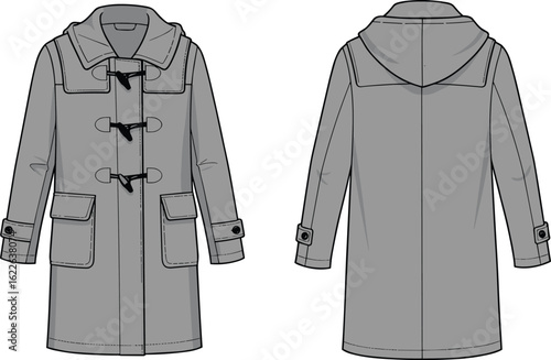 Men's duffle coat design, gray hooded outerwear, toggle closure winter jacket, front and back technical flat, long sleeve fashion coat illustration