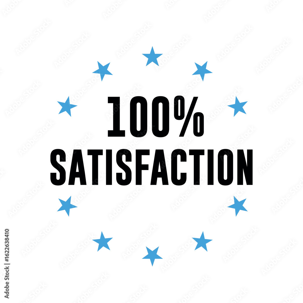 100% Satisfaction Guarantee Badge with Blue Stars on White Background 100% Satisfaction Guarantee Badge with Blue Stars on White Background