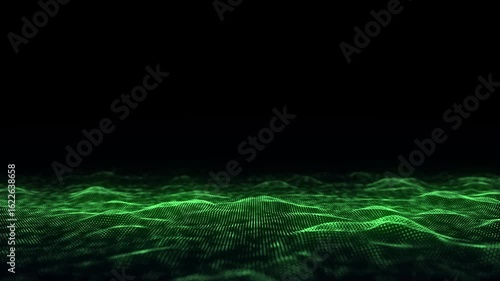 Digital technology wave. Dark cyberspace with green motion dots and lines. Futuristic digital background. Big data analytics. 3d rendering.