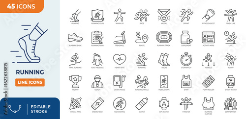 Running line editable icon set. Contain icons related to Running sport, marathon, runner, race, finish line, treadmill and more. Editable stroke. Vector illustration