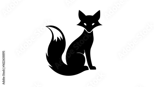 Silhouette of a fox sitting with a bushy tail and pointed ears on a white background in a simple design