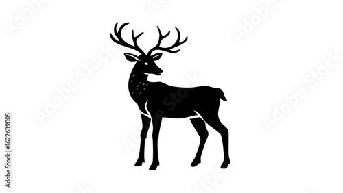 Silhouette of a deer with large antlers standing on a white background in a simple illustration
