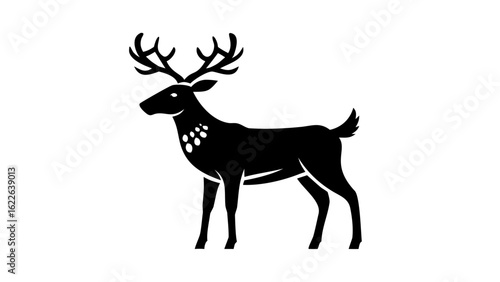 A silhouette of a deer with large antlers and spots on its side standing against white background