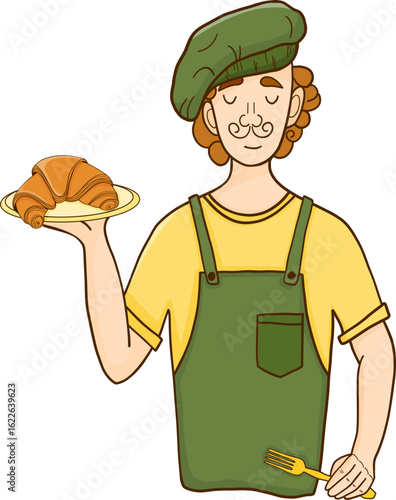 Vector cute baker holding baked products, croissant. Cartoon style, doodle. Isolated on white background. for cafe, restaurants, logo, menu.