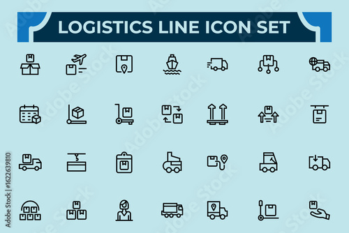 Logistics new stylist vector line icon set.Contains such icons as transportation, export, deliver, industry, inventory, freight, storage, factory. Pixel perfect. vector illustration.