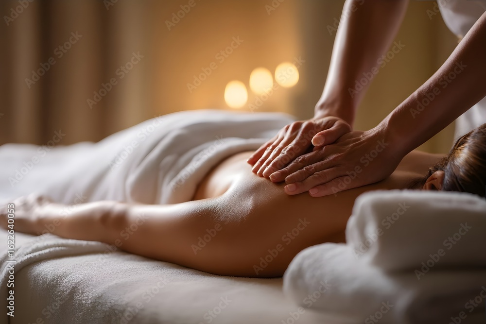 Fototapeta premium Relaxed person receiving massage on bed with soft lighting.