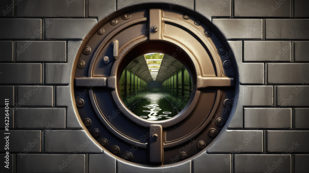 Obraz premium Round porthole view of canal with green surroundings